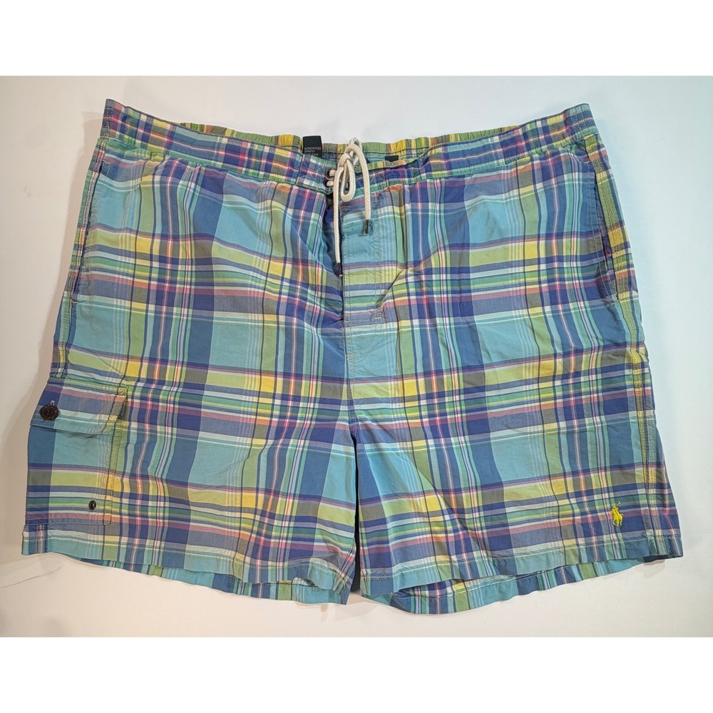 Polo Ralph Lauren Mens 3XB Big Plaid Swim Trunks Blue Green Yellow Cargo Shorts